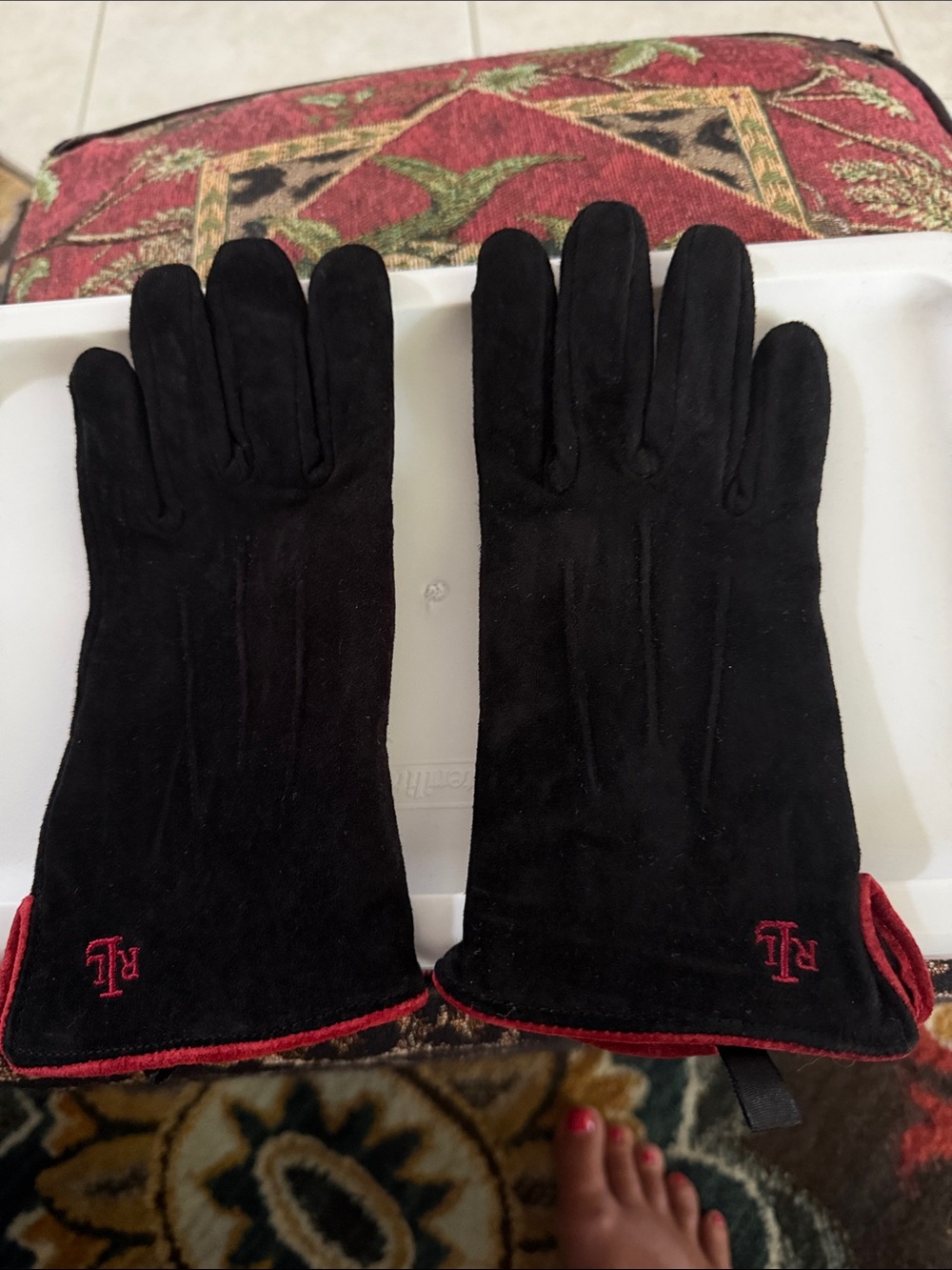 Ladies Ralph Lauren Black Suede Gloves with Red Trim - Size Small